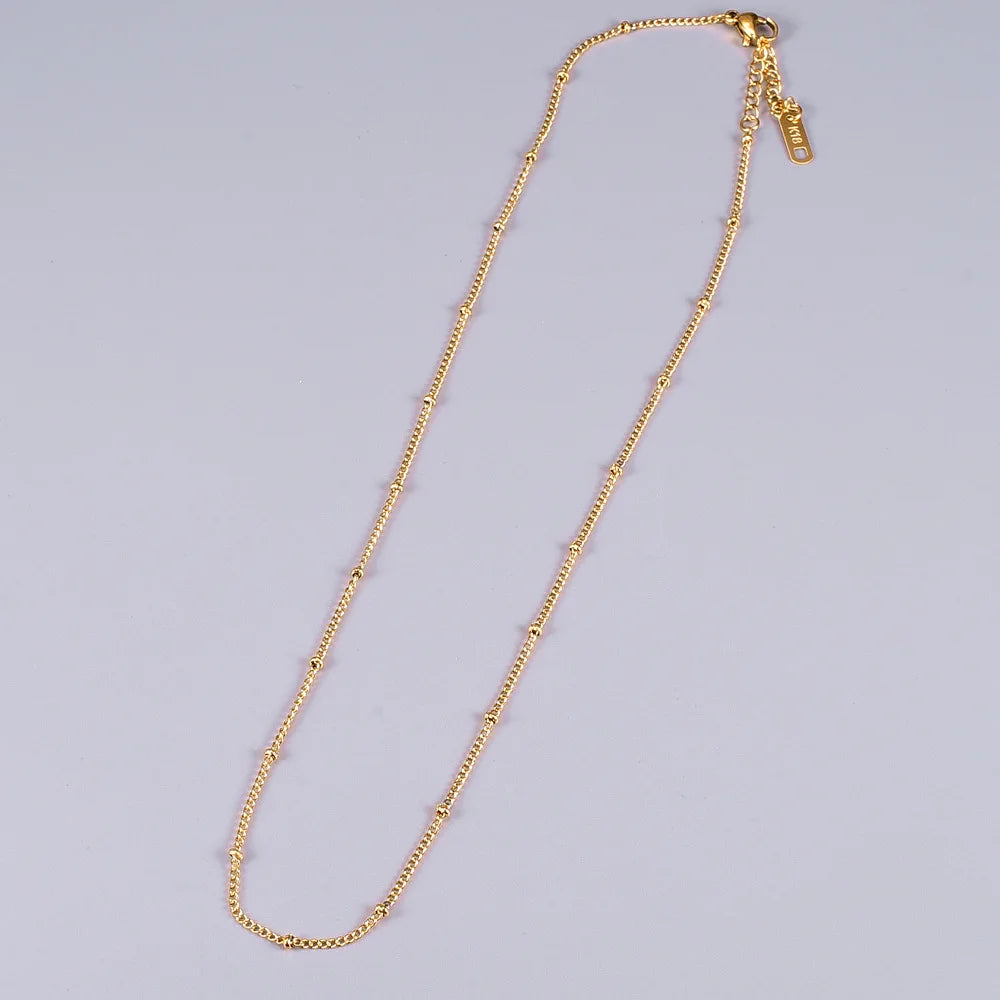 Classic Trendy 18K Gold Plated Stainless Steel Round Curb with Bead Link Chain Necklace for Women Anniversary Gift