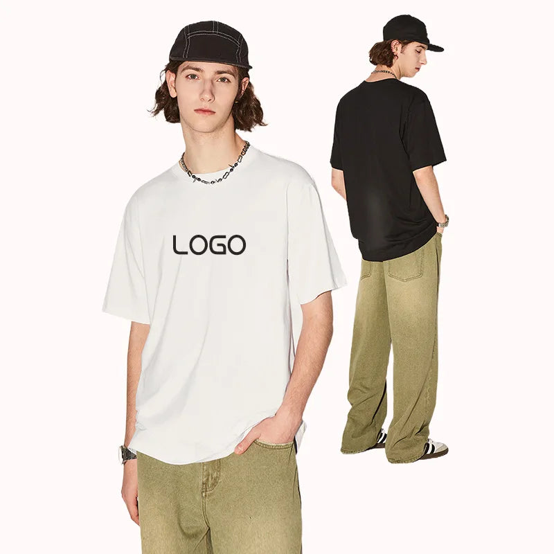 Custom Logo Blank Men T-shirt Oversized 220gsm 100% Cotton Unisex Tee Tops Women High Quality Black and White T-shirts