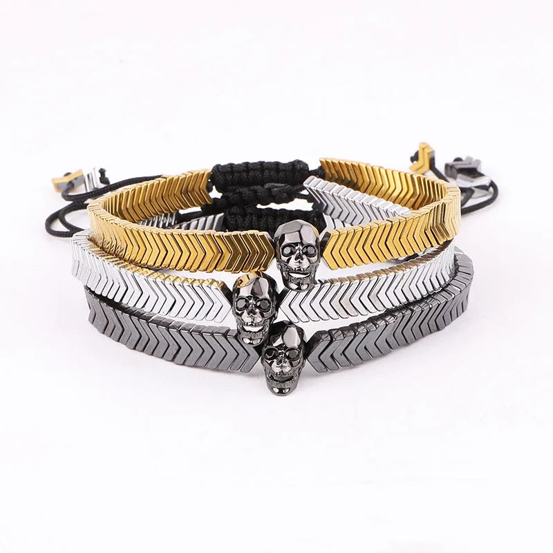 Yiwu Jewelry Factory New Design Hematite Arrow Beads CZ Skull Charm Friendship Macrame Bracelet Men