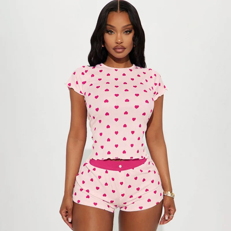 Wholesale 2025 Women's O-Neck Short Sleeve Home Pajamas Set Elegant Love Heart Print Luxury Summer/ Spring Fashion Homewear
