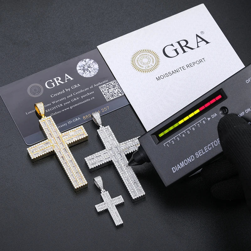 Hot Selling Luxury Mens Jewelry Hip Hop 925 Sterling Silver S925 VVS Baguette Moissanite Diamond Iced Out Cross Pendant