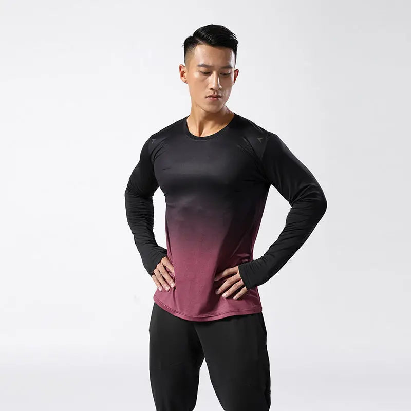 Gym Training Workout Athletic Wear Shirt Men Quick Dry Fitness Jogging Gradient Tshirt Long Sleeve