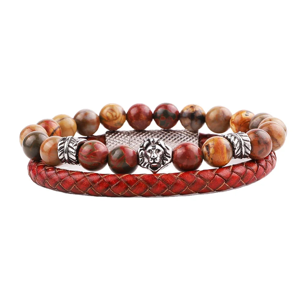 New Design Men Bracelet Bangle Set Natural Stone Stainless Steel Lion Leaf Feather Charm Genuine Leather Bracelet