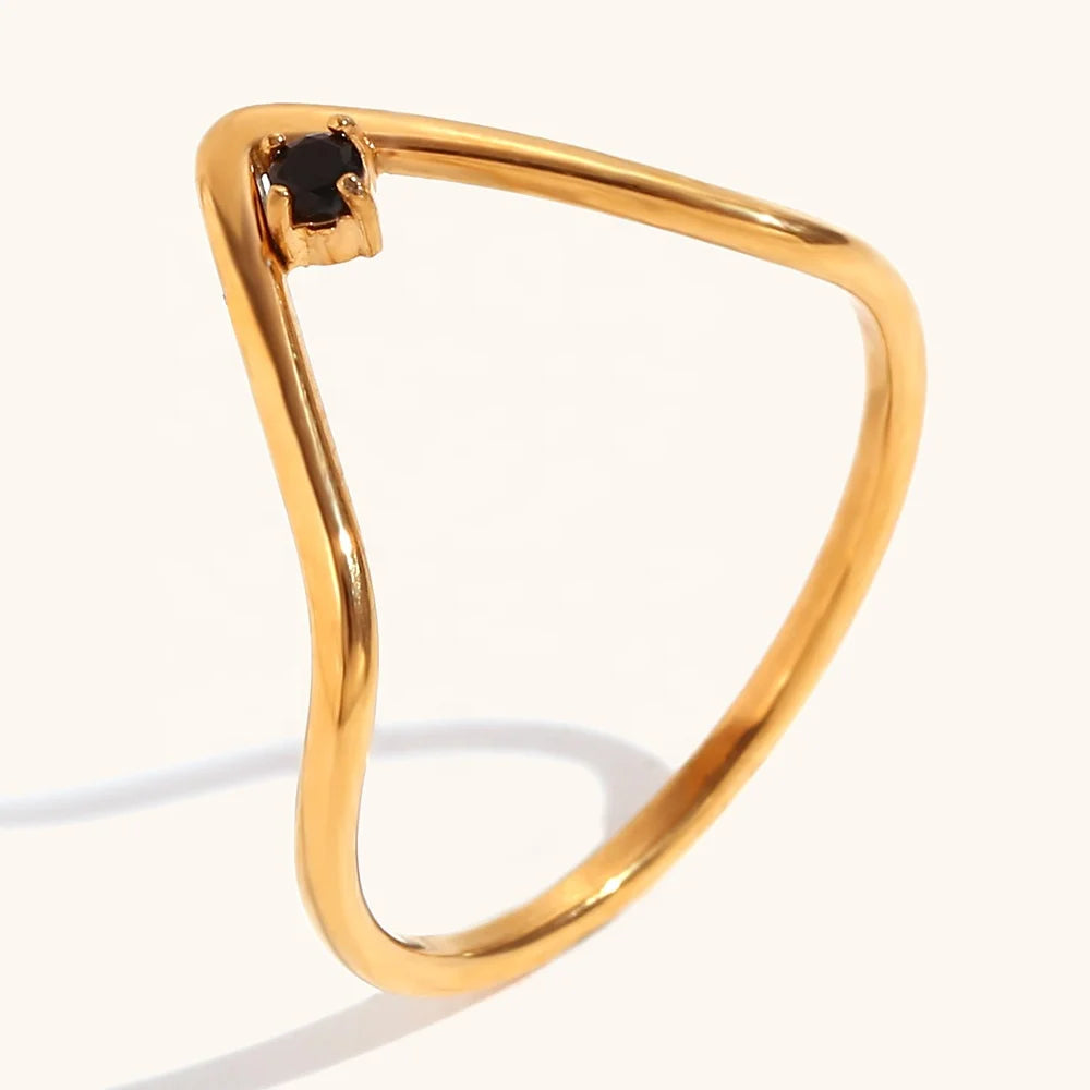 Dingran Bijoux Acier Inoxydable 2024 Wholesale Fine Minimalist Stainless Steel Jewelry V Shape Zircon 18K Gold Plated Thin Fing