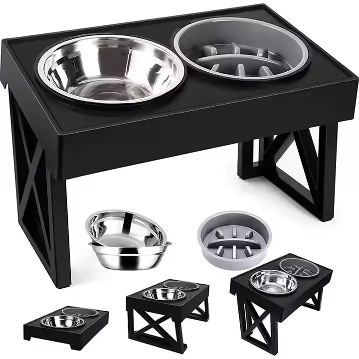 Stainless Steel Neck Protective Height-adjustable 3 Height High Tall Adjustable Raised Elevated Pet Dog Bowl