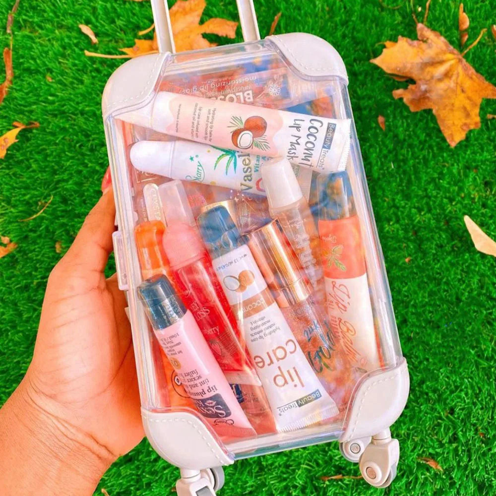 Wholesale Mini Suitcase with Lip Gloss Custom Kids Plastic Mini Suitcase Box Mini Luggage Packaging Box Glitter on Them