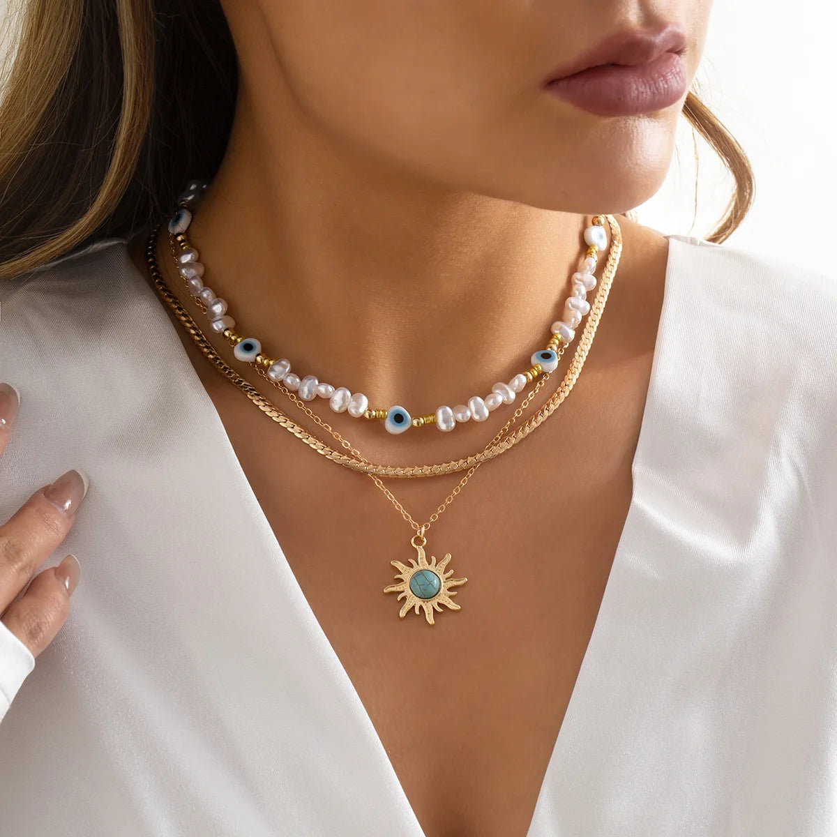 Boho 3 Layer Personalized Beaded Eyes Pearl Necklace Ethnic Style Sun Turquoise Pendant Necklace for Women