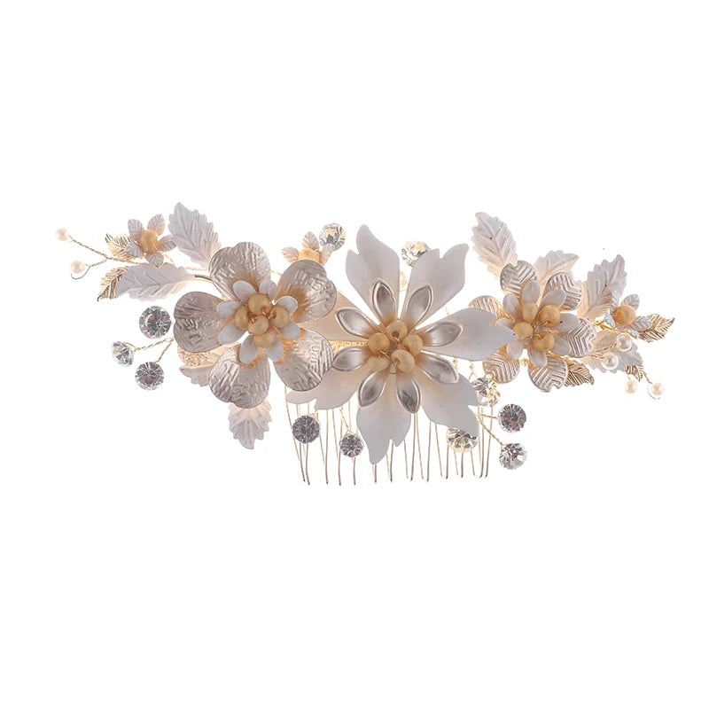Wholesale Luxury Crystal Gold Leaf Flower Charm Engagement Wedding Hair Jewelry Accessories Prom Handmade Pearl Bridal Hair Comb