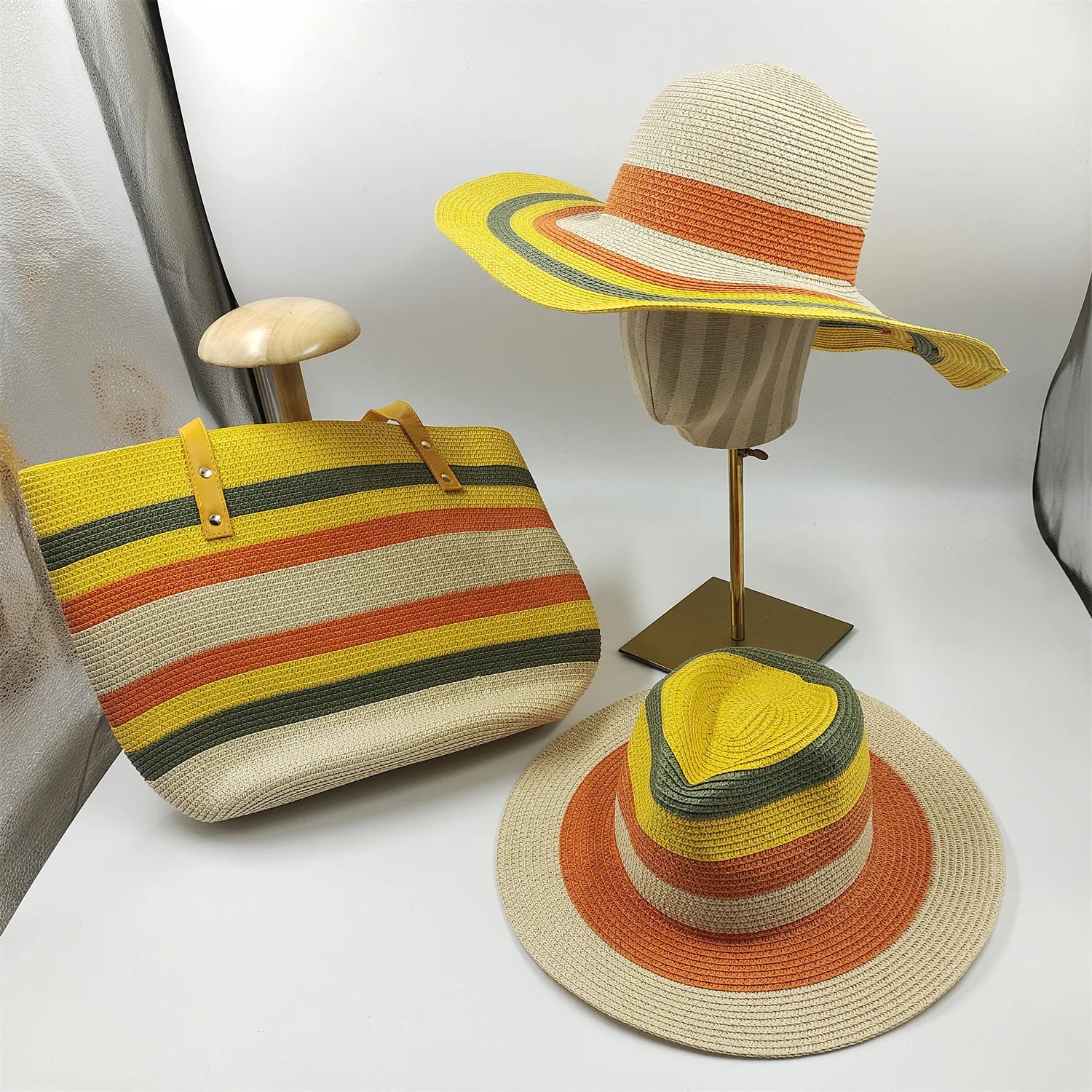 New Stripped Design Paper Straw Sun Hat for Summer Straw Hat Bag Set Outdoor Sunhat Women Fedora Floppy Beach Hat