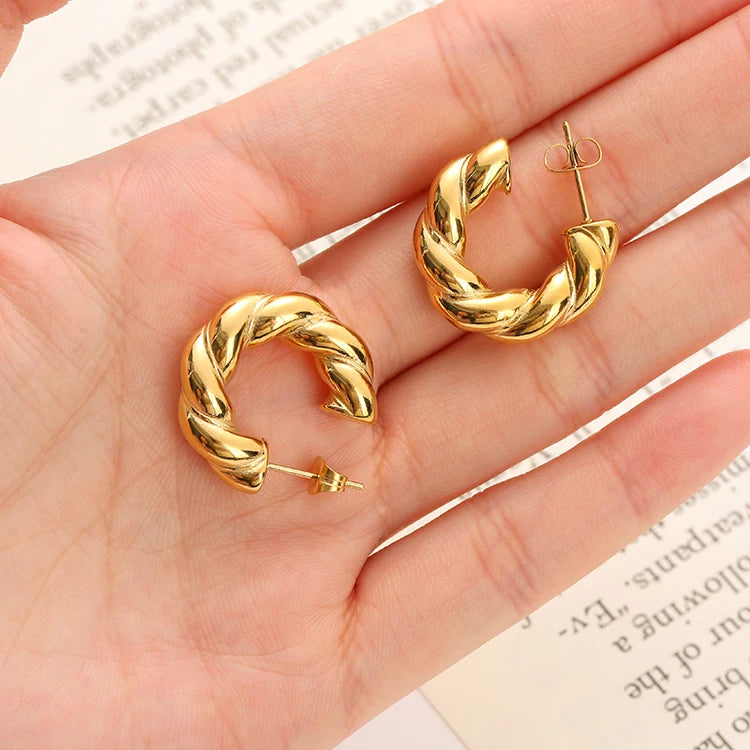 Wholesale 18K PVD Plating 316L Stainless Steel Hoop Earrings Fashionable Geometric Trendy Twisted Texture Waterproof Jewelry for