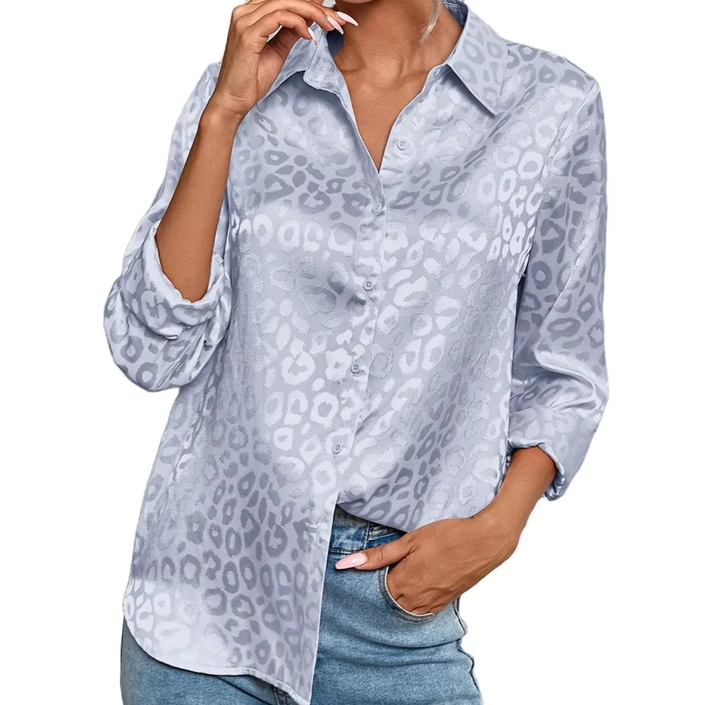 Ohsisa Women Spring Long Sleeve Shirts Leopard Print Jacquard Blouse Turn Down Collar Office Lady Europe Casual Loose Blouse Shirt