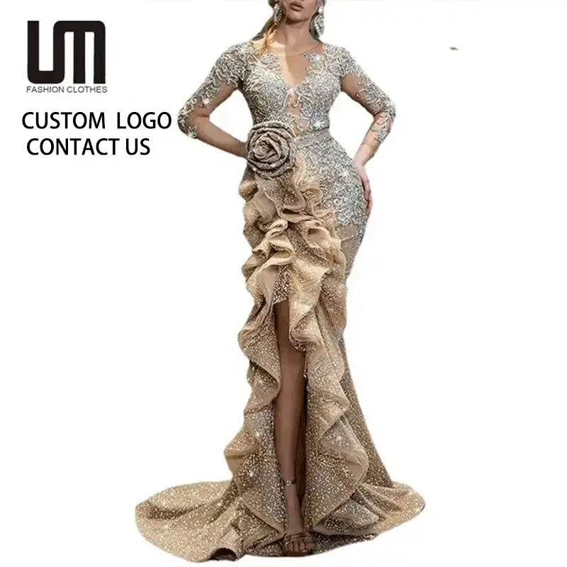 OEM Service High-End Women's Elegant Floor-Length V-neck Long Sleeve Sheer Mesh Party Evening Gown Ball Gown Silhouette Empire