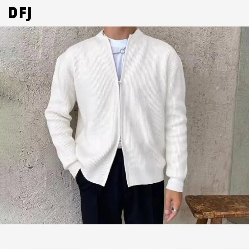 Men's Wool/Polyester Zipper Knit Cardigan 12GG Anti-Shrink & Anti-Wrinkle Crew Neck Autumn Solid Embossed Sweater
