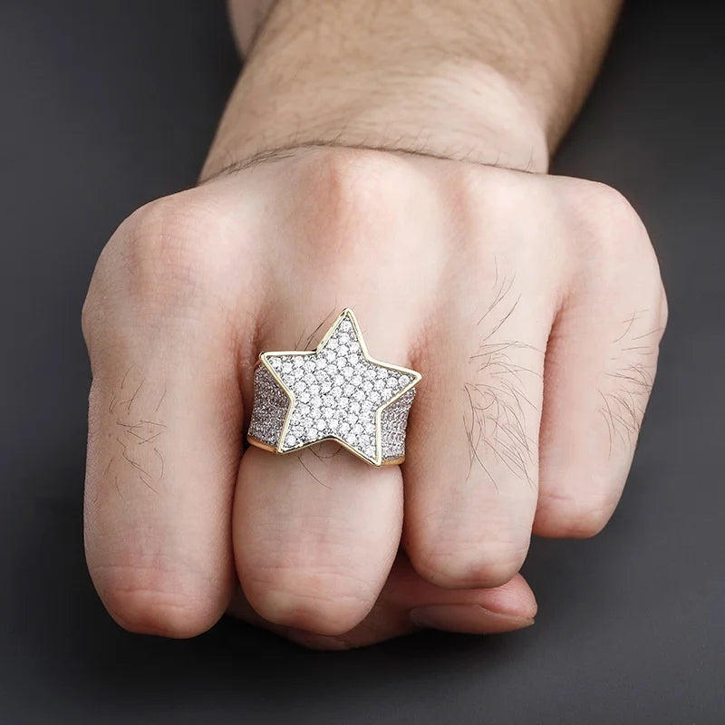 Wholesale Hip Hop Vintage Pentagram Brass Gold Plated Zircon Lab Created Rings Star Pentacle Fashion Casual Personalized Rings