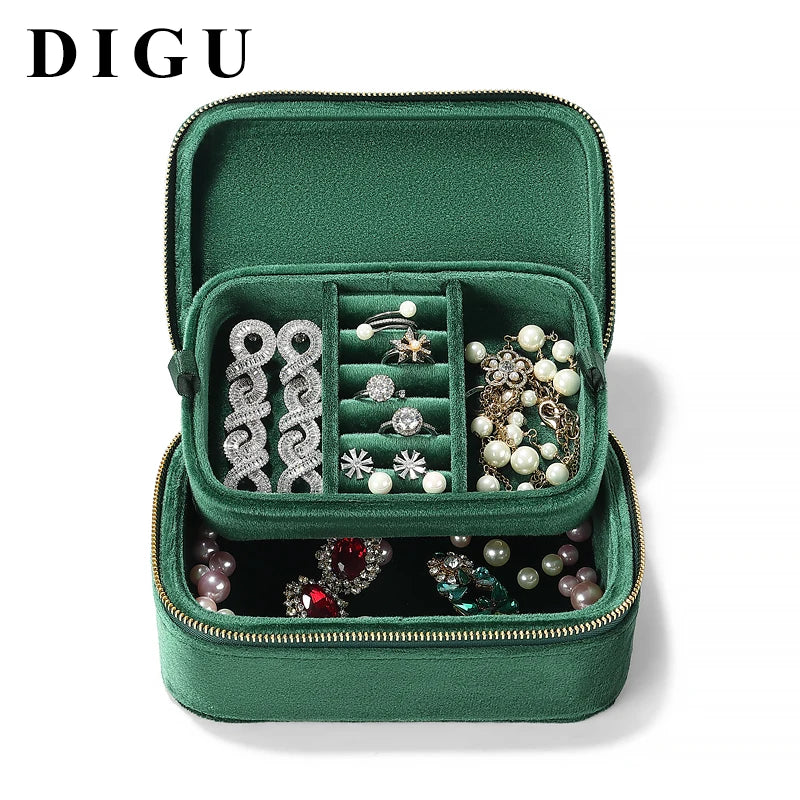 DIGU Portable Soft Velvet Travel Ring Bracelet Jewelry Storage Box Double Layers Detachable Jewelry Organizer Box With Zipper