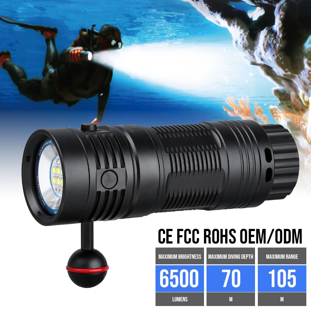 Trustfire DF50S Super Bright 6500LM 3-in-1 UV Red White Aluminum Alloy Diving Flashlight 70 Meters Underwater IP68 Camping