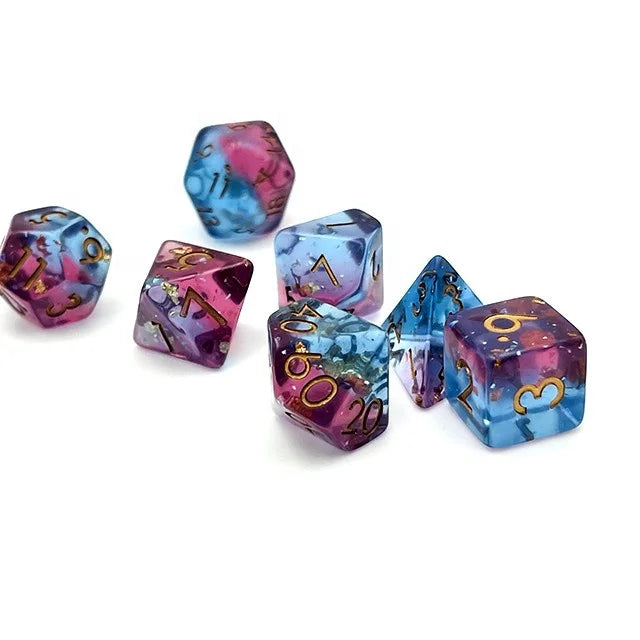 Custom 16mm Resin Dice Set for Dnd Rpg OEM Polyhedral Pink and Blue Mica Glitter and Copper Foil Dice Set