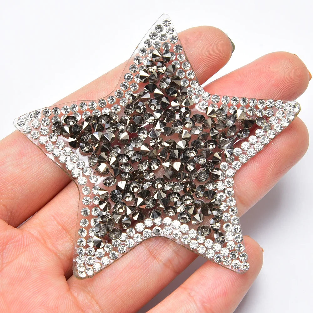 6cm Wide Grey Resin Rhinestone Star Applique Hot Fix Patches Iron on Clothing