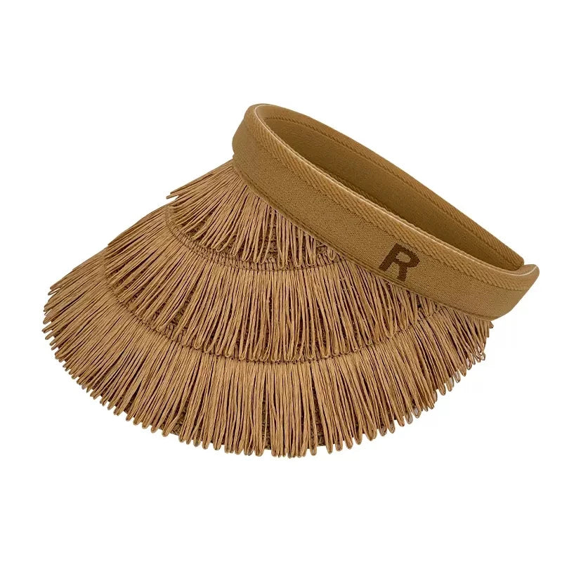 2023 New Boutique Empty Top Straw Visor Hat Summer Women Girls Simple Sunshade Sun Protection Cap for Travel