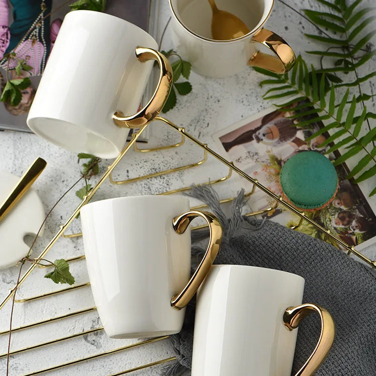 Seaygift Custom Sublimation Blank Porcelain Mugs Plain White Black Nordic Gold Handle Cups Ceramic Coffee Cups Mugs Wholesale