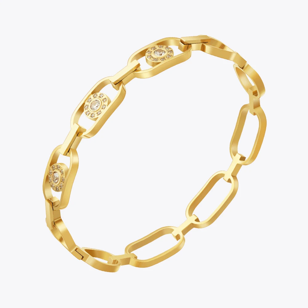 Wholesale 18K Gold Plated Stainless Steel Jewelry Hollow Chain Buckle Design Zircon Bangle Waterproof for Women Bracelet B242438