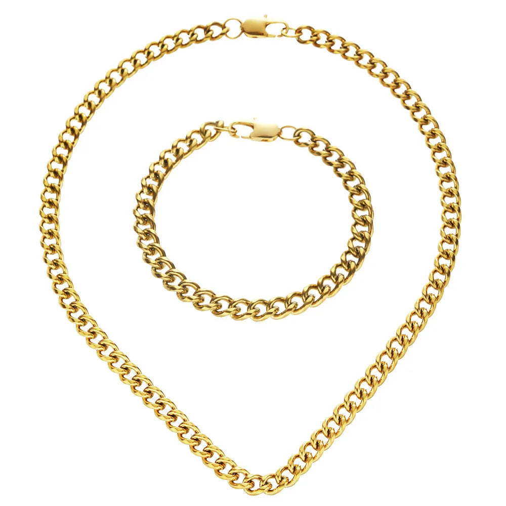 Hip Hop Stainless Steel Miami Cuban Chain Bracelet Necklace Chunky Link Chain Necklace Set for Women Men