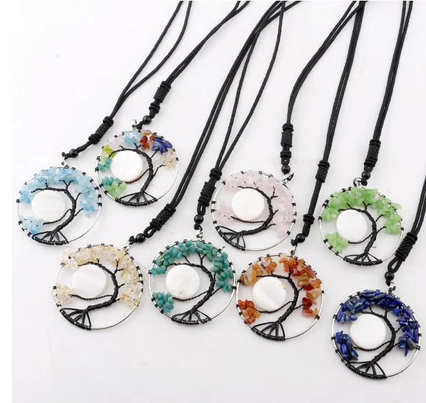 Tree of Life Necklace Pendant Handmade Jewelry Full Moon Pendant Stones Pendant Necklace Wire Wrapped 7 Chakra Stone for Women