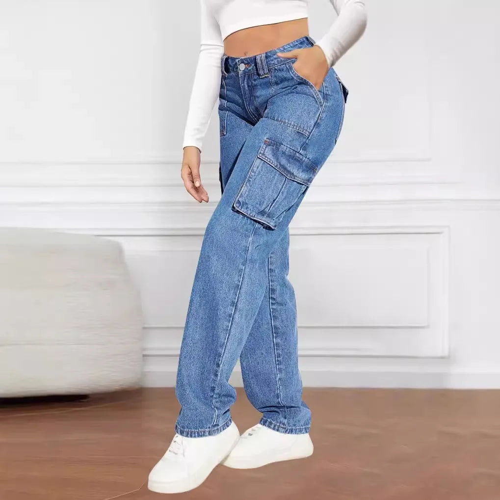 Women's Denim Cargo Pants Casual Straight Trendy High Waist Multi-Pocket Jeans for Women MegaBDM