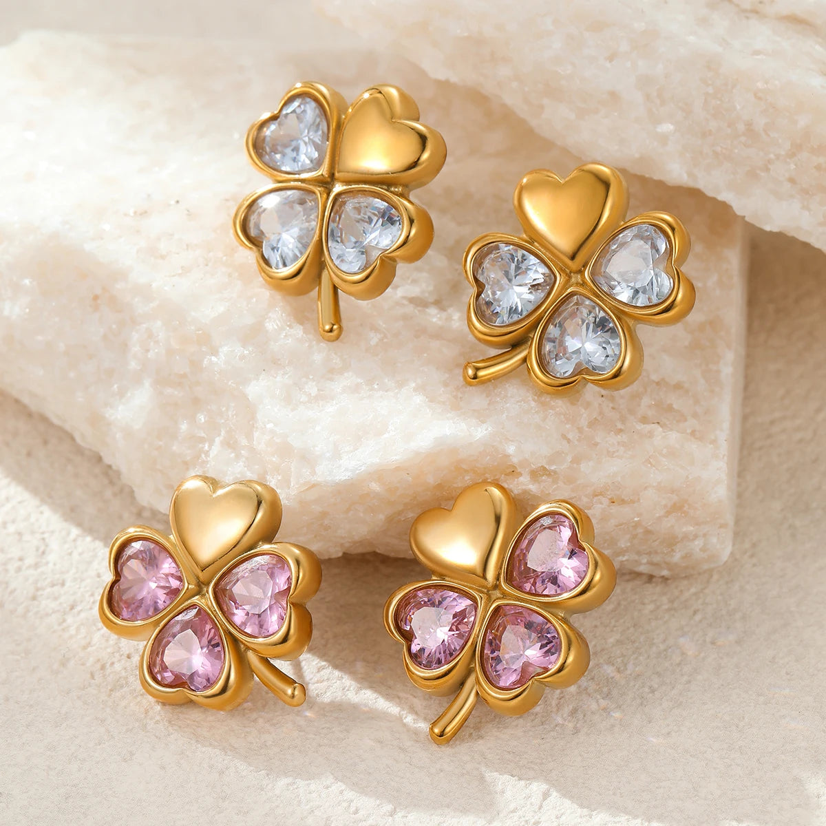 Pink Love Zircon Four Leaf Clover Stainless Steel Stud Earrings Gold Plated Waterproof Non Fading Fashion Jewelry