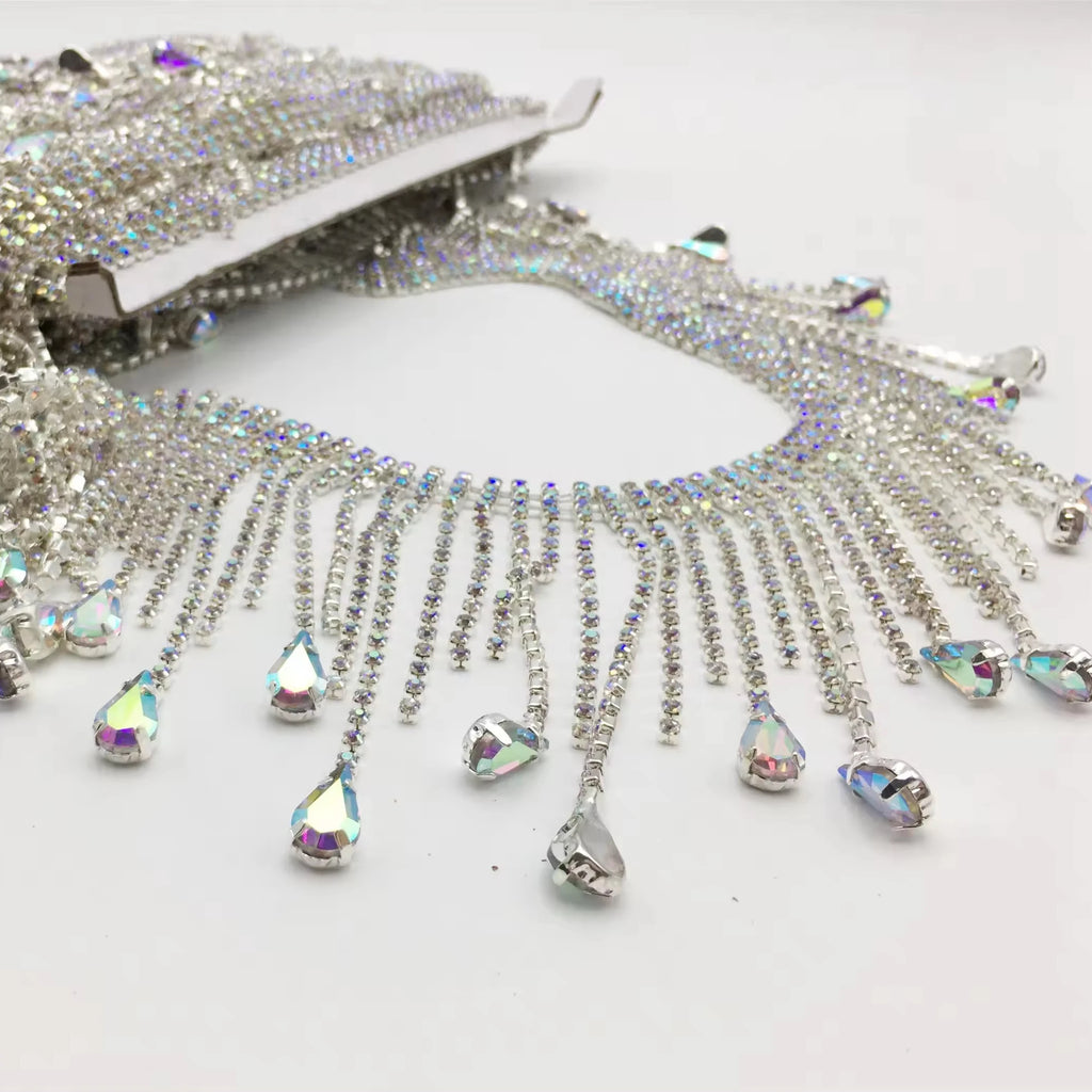 Wholesale Clothing Waist Chain Tassel Droplet Shape Water Diamond Design Flat Back Glass Rhinestones Stretch Phone Case Design