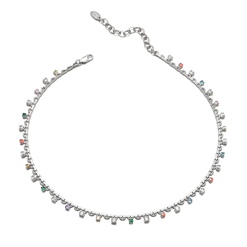 New Trendy Minimalist Brass Zircon Choker Stainless Steel Link Chain Square Colorful Zircon Necklace for Women for Wedding Party