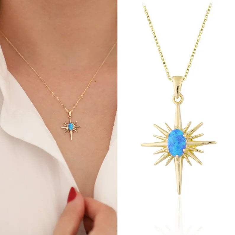 Women's Vintage 18K Gold-Plated Blue Opal North Star Pendant Necklace Waterproof Stainless Steel Anniversary Gift