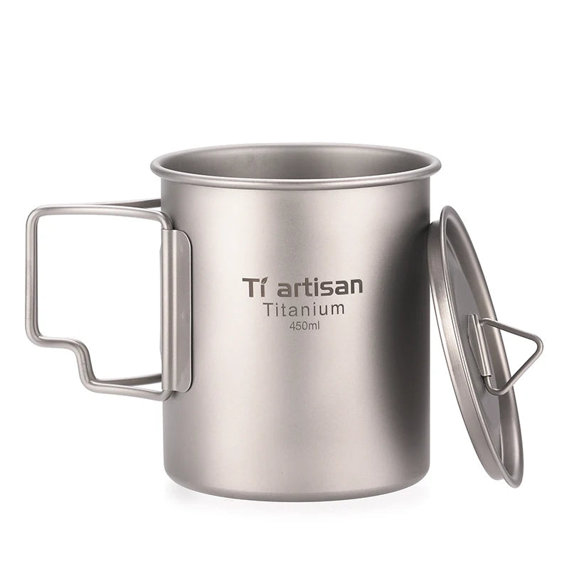 Camping Camping Mugs Water Cup Titanium Coffee Mug 450ml  Foldable Handle Titanium Pot with Lid Camping Accessories