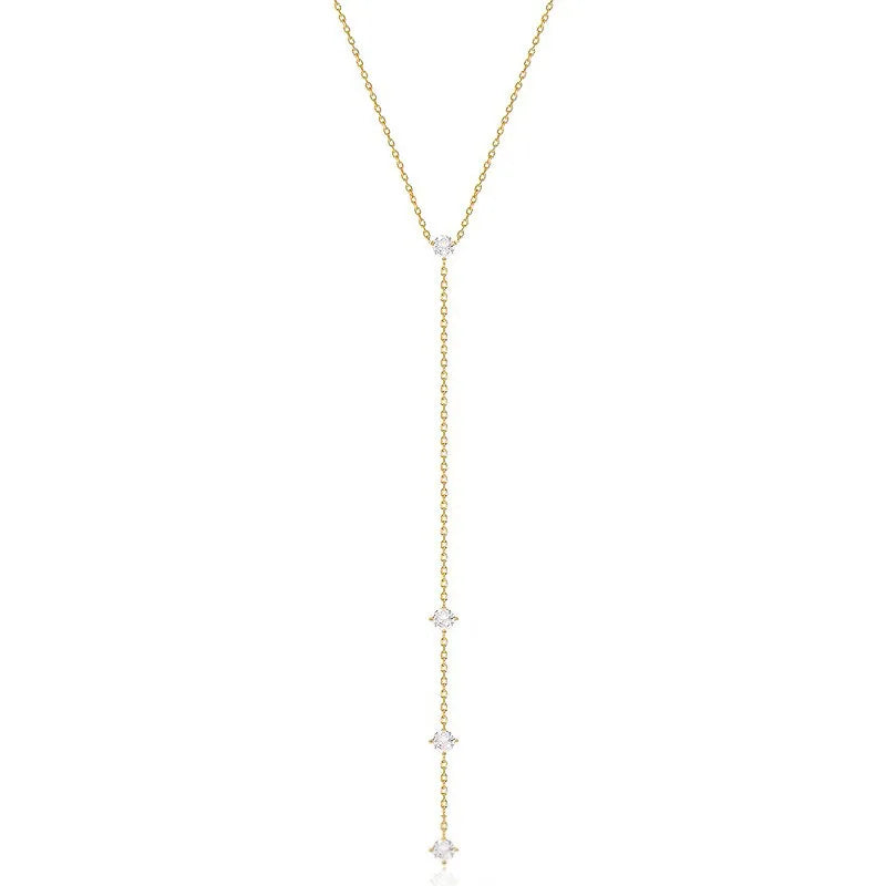Lanshang Fine Jewelry Y-Shaped Gold Plated 925 Sterling Silver Lariat Link Chain Geometric CZ Pendant Necklace Unisex