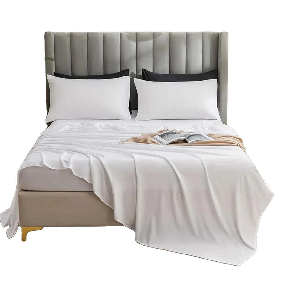 100% Organic Bamboo Fiber Bed Linen Solid Color Bed Sheets Set for Self-fabric Bag