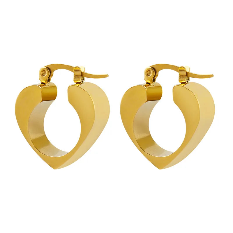 Chunky 18k Gold Plated Heart Earring Geometric Stainless Steel Hollow Heart Statement Earring
