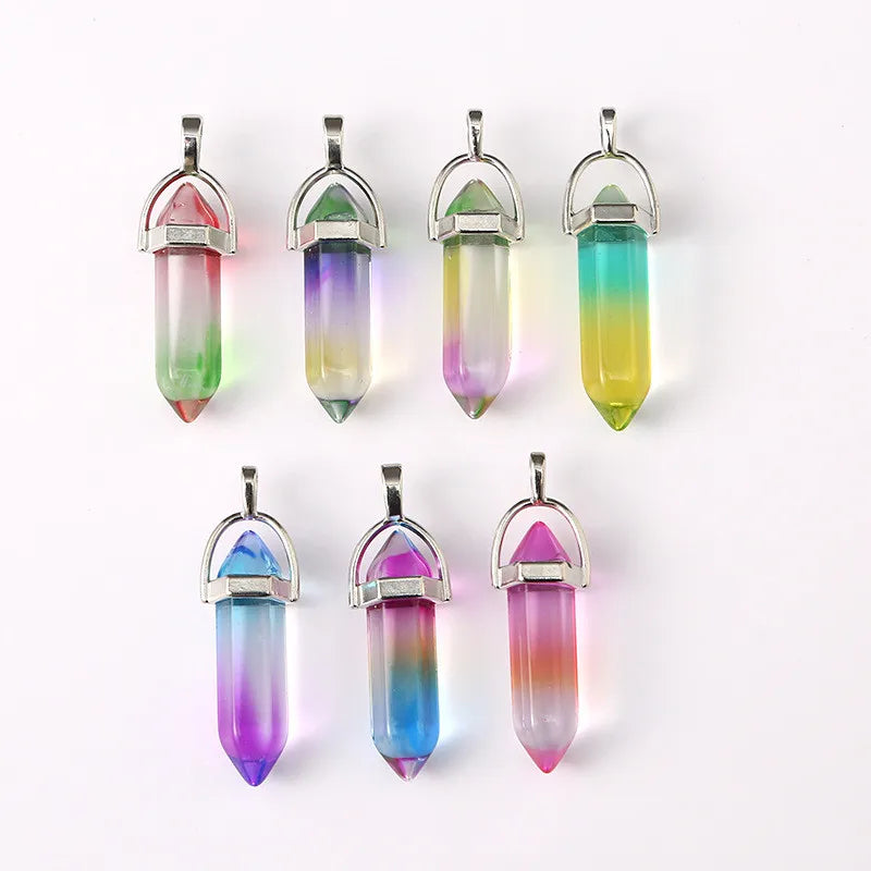 JC Crystal rainbow Bullet Hexagonal Column Raw Crystal Gemstone Pendant  Silver Plated Necklace  Wrapped Crystal Pendant
