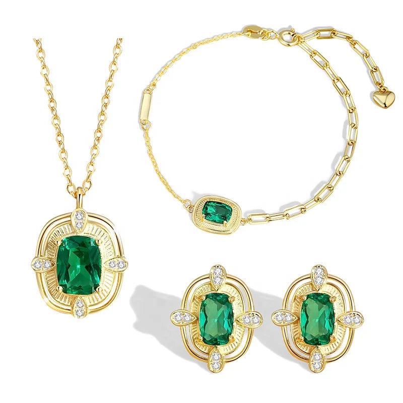 Daidan Silver 925 Set Jewelry Baguette Green Stone Fashion Jewelry Woman Green Zircon Jewelry Set for Women