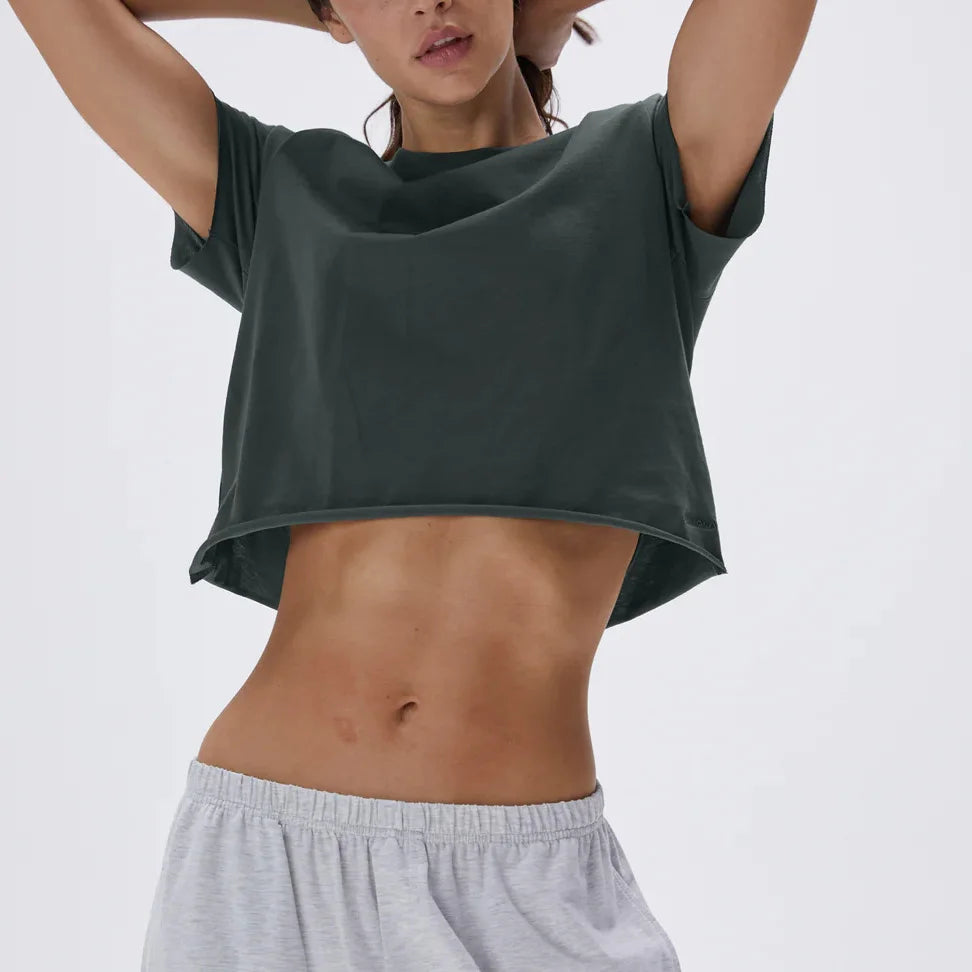 Women's Workout Crop Tops Casual Short Sleeve T-Shirts Roll Hem Basic Loose Yoga Running Tees