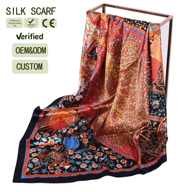 New Summer New Geometric Color Matching Graffiti 90*90CM Satin Big Scarf for Women Spot Fashion square Shawl Wholesale