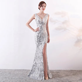 1202# Mesh Embroidery Glitter Long Slim-fit Fishtail Dress for Women Party Fashion Host
