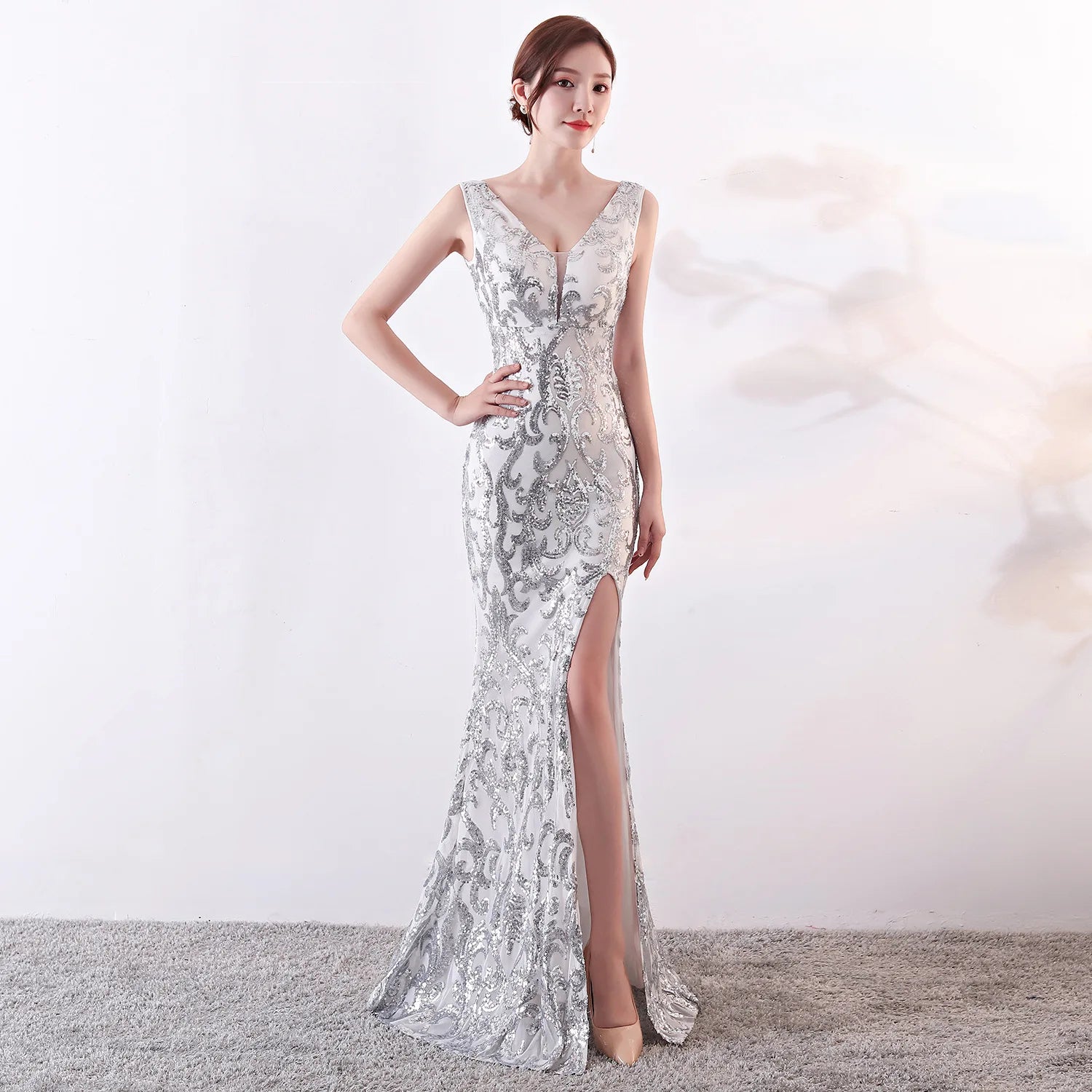 1202# Mesh Embroidery Glitter Long Slim-fit Fishtail Dress for Women Party Fashion Host