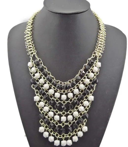 New Fashion Resin Gem Beads Multilayer Chain Golden Metal Charming Choker Bib Necklace