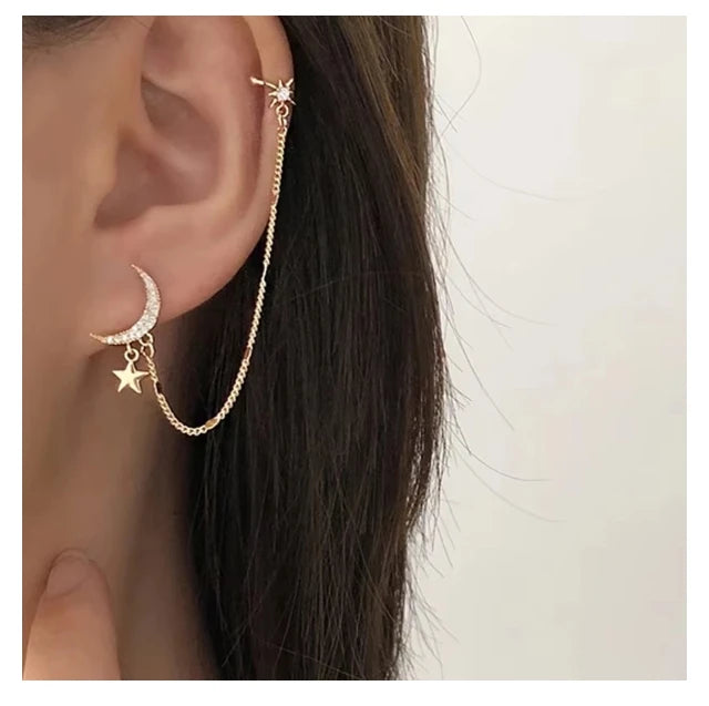 VKME New Fashion Earrings: Star Studs & Moon Chain Ear Cuff for Women - Wholesale