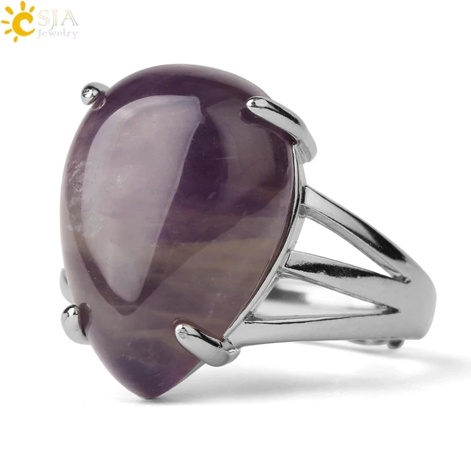 CSJA New Adjustable Crystal Rings Water Drop Natural Stone Rose Quartz Black Obsidian Women Men Ring Jewelry G689
