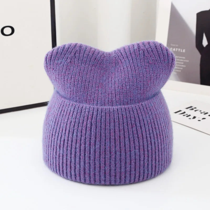 Custom logo Cross Border Multi-color Knit Hat Lovely Devil Horn Angora Yarns  Beanie Hats for Winter