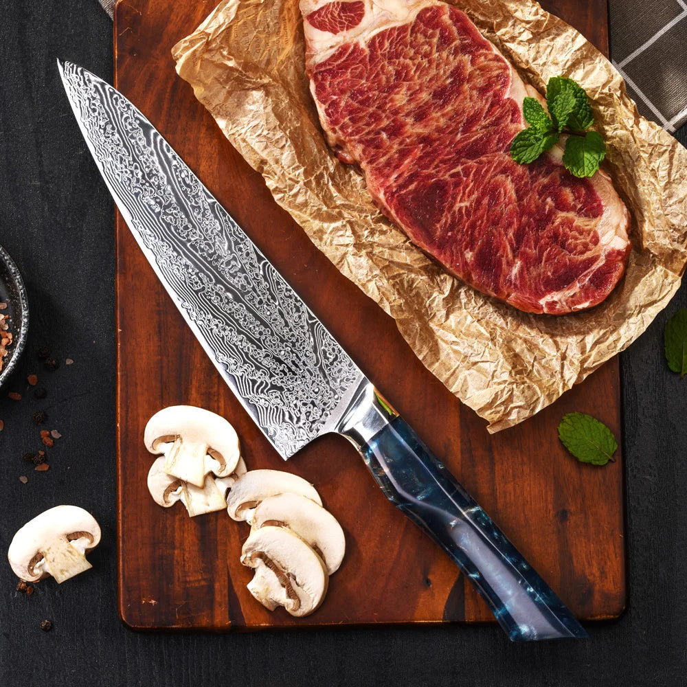 Amber Custom 8 Inch 73 Layers Damascus Steel Chef Knife ASU10 Super Steel Core Japanese Kitchen Knives W/Resin Handle for Chefs