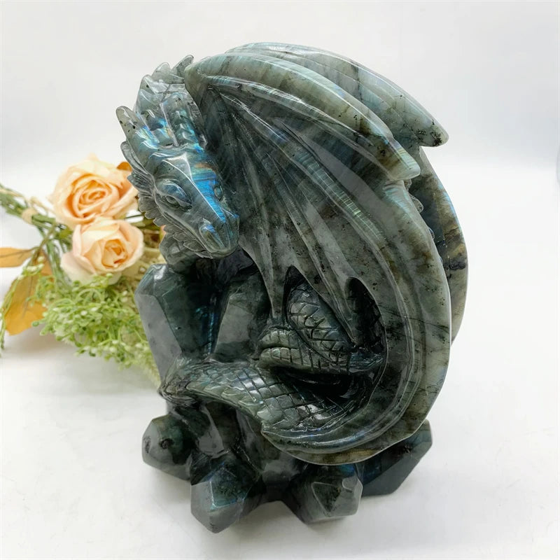 Natural Crystal Crafts Islamic Gifts Gemstone Labradorite Dragon Carving for Ornaments