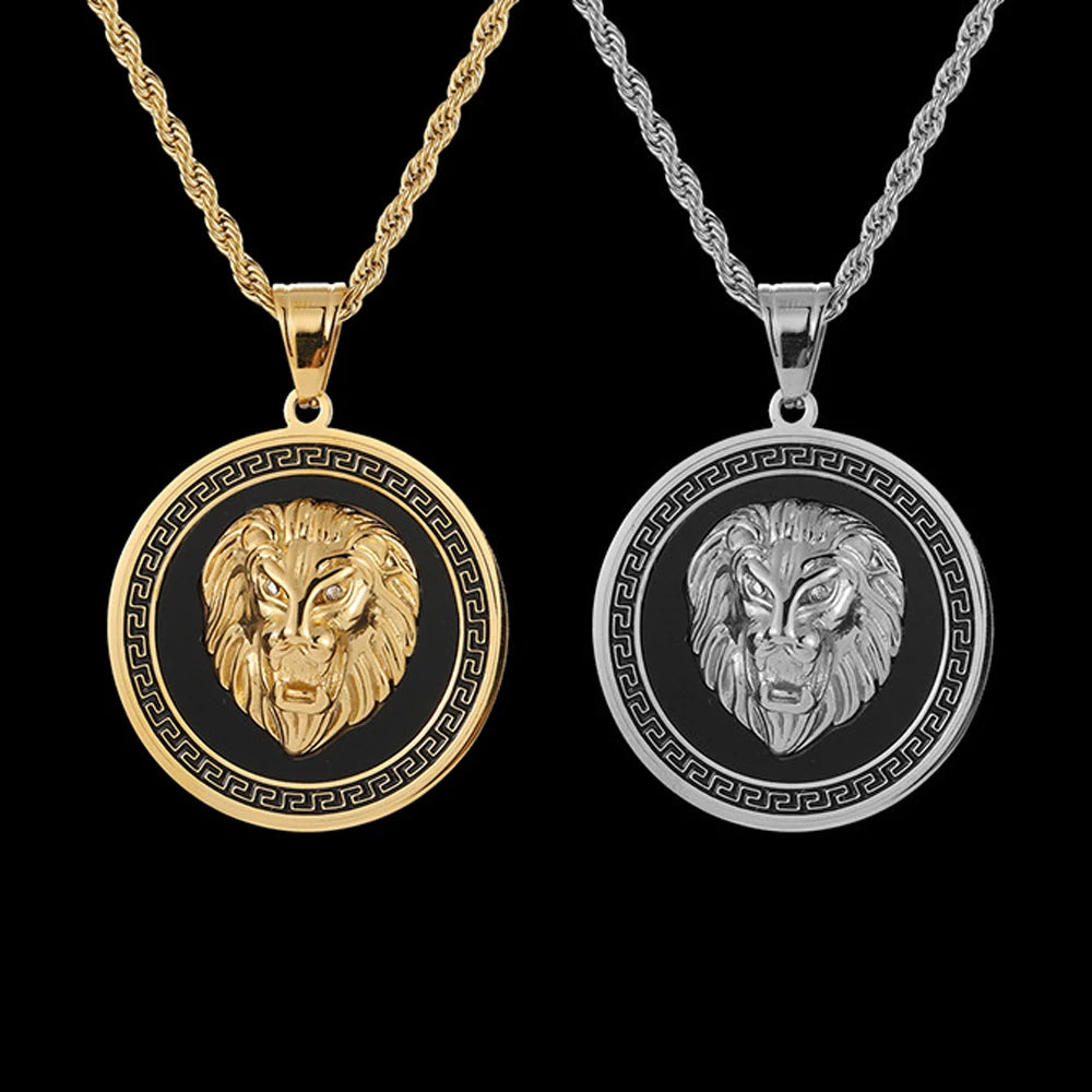 Top Selling Men's Vintage 18K Gold Plated Lion Head Necklace 316L Stainless Steel Diamond Crystal Lion Head Pendant Necklace