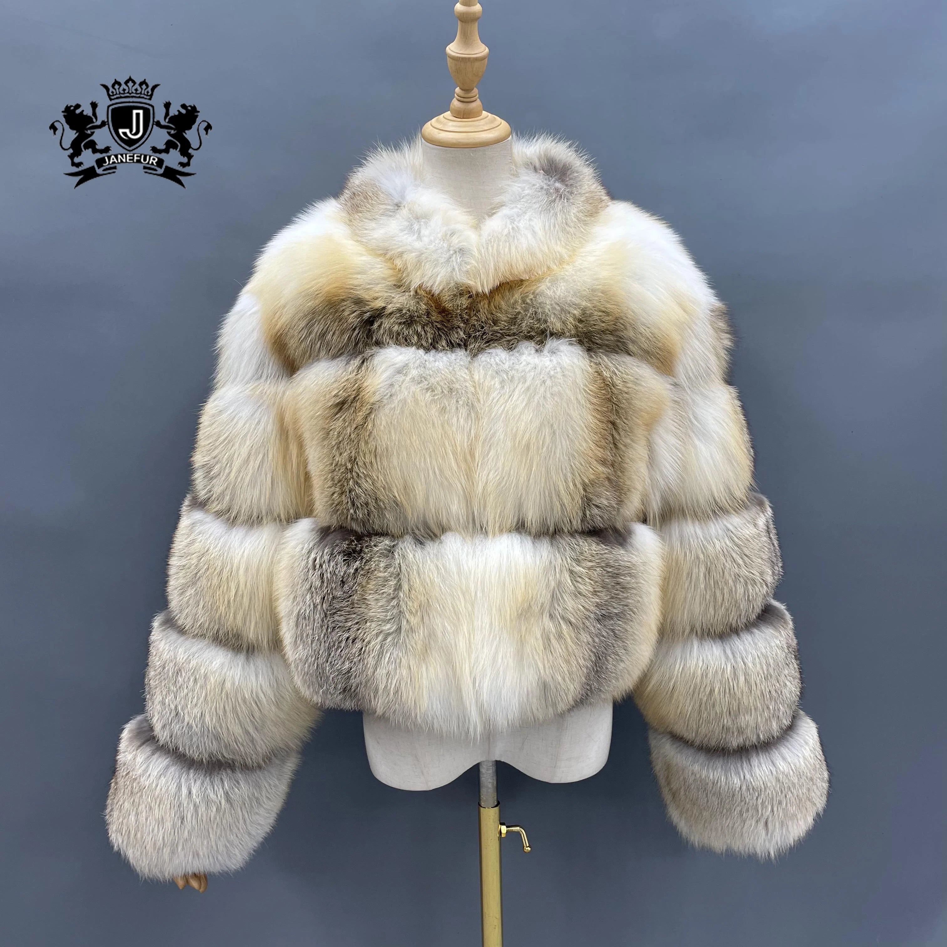 Women Factory Wholesale Fashionable Soft Fluffy Bubble Stripe Jacket Stand Collar Short Genuine Fox Fur Jacket
